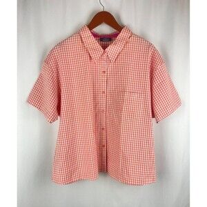 Women's 3X Pink Orange Gingham Button Up Cotton Stretch Collared Shirt Colorful